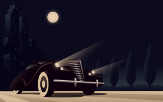 Car night drive full moon - an art deco painting free wallpaper