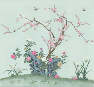 Tree pink flowers birds blue - a green field free wallpaper