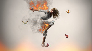 Woman flying butterflies fire background - butterfly free wallpaper