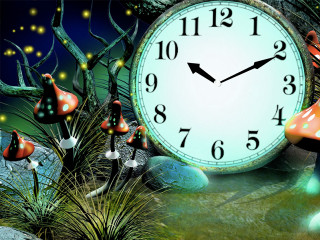 Clock forest scene mushrooms background - magical free wallpaper for desktop