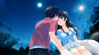 Man woman bench nighttime full - a full moon in the background free wallpaper