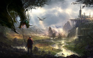 Man forest dragon river castle - fantasy art free wallpaper