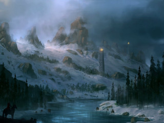 Snowy mountain river castle sky - matte fantasy painting free wallpaper