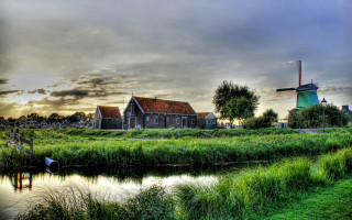 Windmill river village background scenery - a windmill in the background free wallpaper