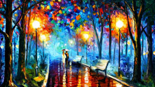 Couple umbrella autumn leaves city - impressionist painting free wallpaper