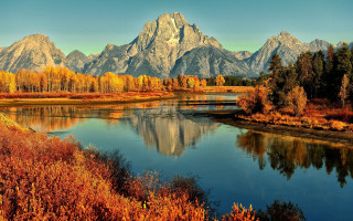 River mountains trees autumn foliage - a few white cloud free wallpaper