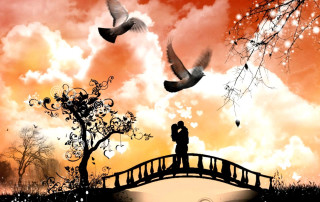 Couple bridge birds sunset clouds 2 - cloud and a tree free wallpaper