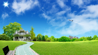 House bench grassy field sky - a grassy field free wallpaper