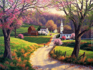 Country road church trees dog - a pointillism painting free wallpaper