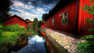Red building river forest trees 2 - a red building free wallpaper
