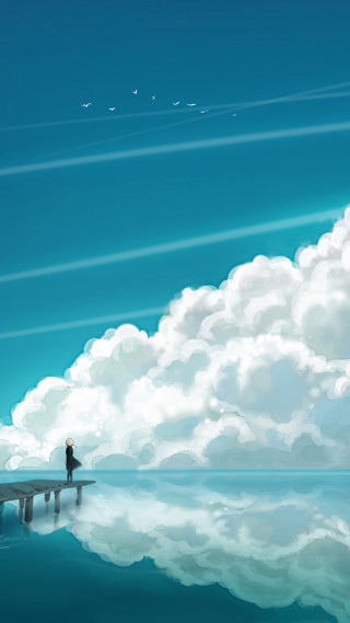 Person standing dock lake sky - atey ghailan free wallpaper