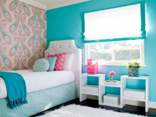 Bedroom blue pink flowers curtains - color scheme free wallpaper
