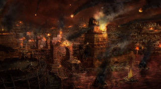 City smoke fire painting towers - matte painting concept art free wallpaper