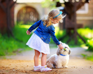 Little girl petting small dog 2 - a little girl free wallpaper