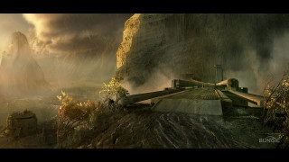 Bridge mountain landscape foggy sky - a computer free wallpaper