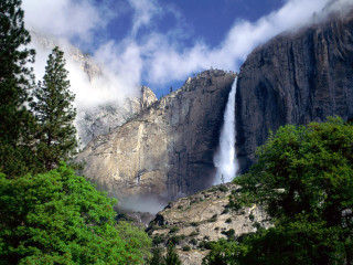 Waterfall mountain trees clouds sky - ansel adams free wallpaper