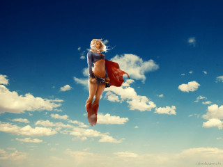 Woman flying bikini red cape 3 - a bikini free wallpaper