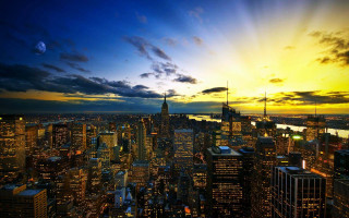 City skyline yellow blue sunset - sky free wallpaper