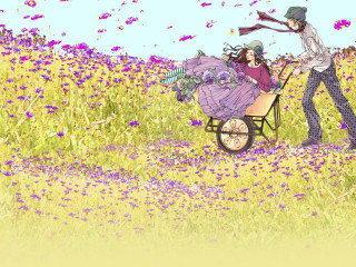 Woman pushing wheelbarrow man field - a field of flowers free wallpaper