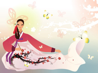Woman white dress butterfly bird - byeon sangbyeok free wallpaper