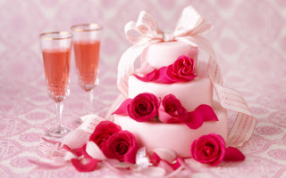 Wedding cake pink roses wine - two glass of wine free wallpaper