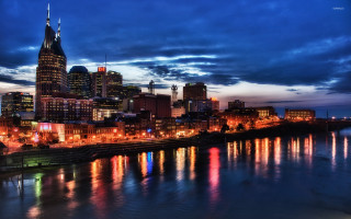 City skyline river night lights 18 - the building and the water free wallpaper