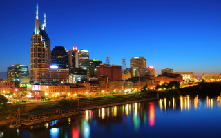 City skyline river night lights 19 - the building and the water free wallpaper