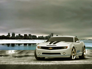 White car ocean city skyline - a dark sky free wallpaper