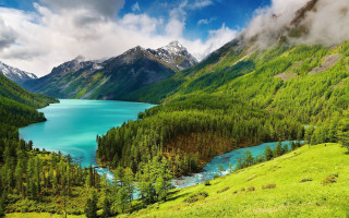 Mountain lake green trees cloudy 6 - cloudy free wallpaper