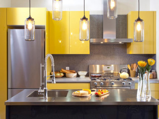 Kitchen yellow cabinets stainless steel - photorealism free wallpaper