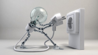 Robot holding light bulb wall - cybernetic free wallpaper