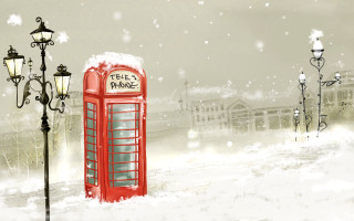Red phone booth snow street - eddie campbell free wallpaper