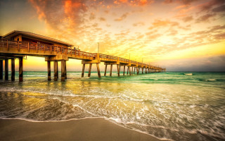 Pier beach sunset boat person - the water below free wallpaper