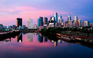 City skyline river dusk pink - dusk free wallpaper