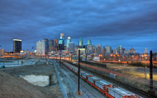 Train city skyline night lights - a train free wallpaper
