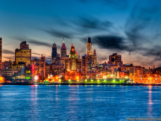 City skyline lake night lights 6 - the building and the water free wallpaper