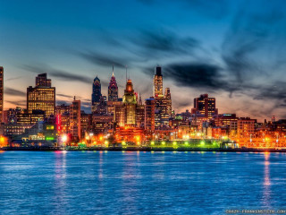 City skyline lake night lights 2 - the building and the water free wallpaper