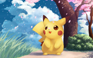 Pikachu standing forest pink flowers - a pikachu free wallpaper