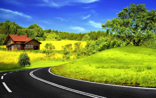 Lush green countryside road house - field free wallpaper for desktop
