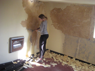 Woman painting wall paint roller 2 - deconstructivism free wallpaper