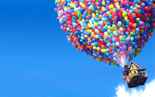 Floating house balloons in the - the air above free wallpaper