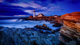 Lighthouse rocky shore blue sky 2 - beautiful landscape free wallpaper