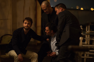 Three men bench touching hand - the others hand free wallpaper