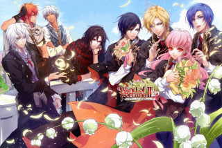 Anime characters bench flowers sky - their hand and a sky background free wallpaper