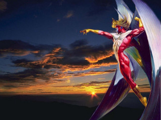 Heroic man flying beach city - his leg free wallpaper