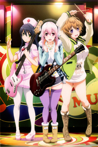 Anime girls guitars colorful background - poster art free wallpaper