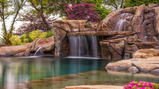 Waterfall pool rocks flowers garden - rock free wallpaper