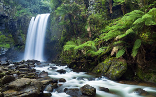 Waterfall forest rocks trees stream 7 - a waterfall in the middle of a forest free wallpaper