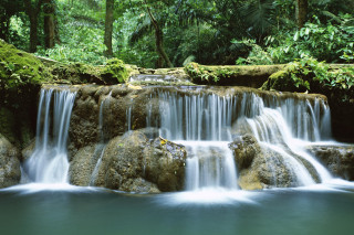 Waterfall rocks water running trees - side and trees free wallpaper