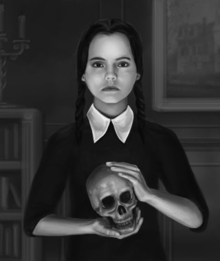 Woman holding skull chandelier bookcase - free cyberpunk wallpaper